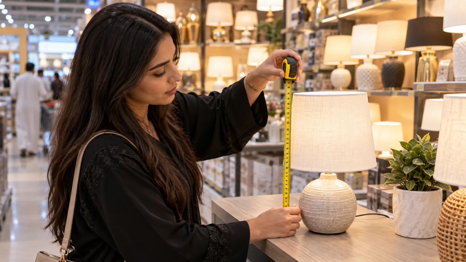 Illustration of measuring a lamp before buying household goods