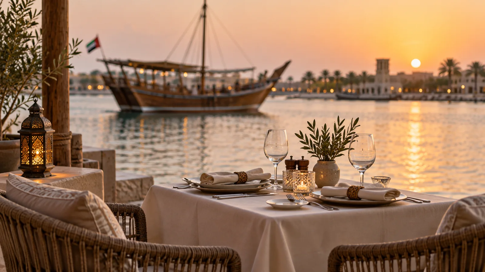 Illustration of a waterfront dining table with a traditional dhow beyond