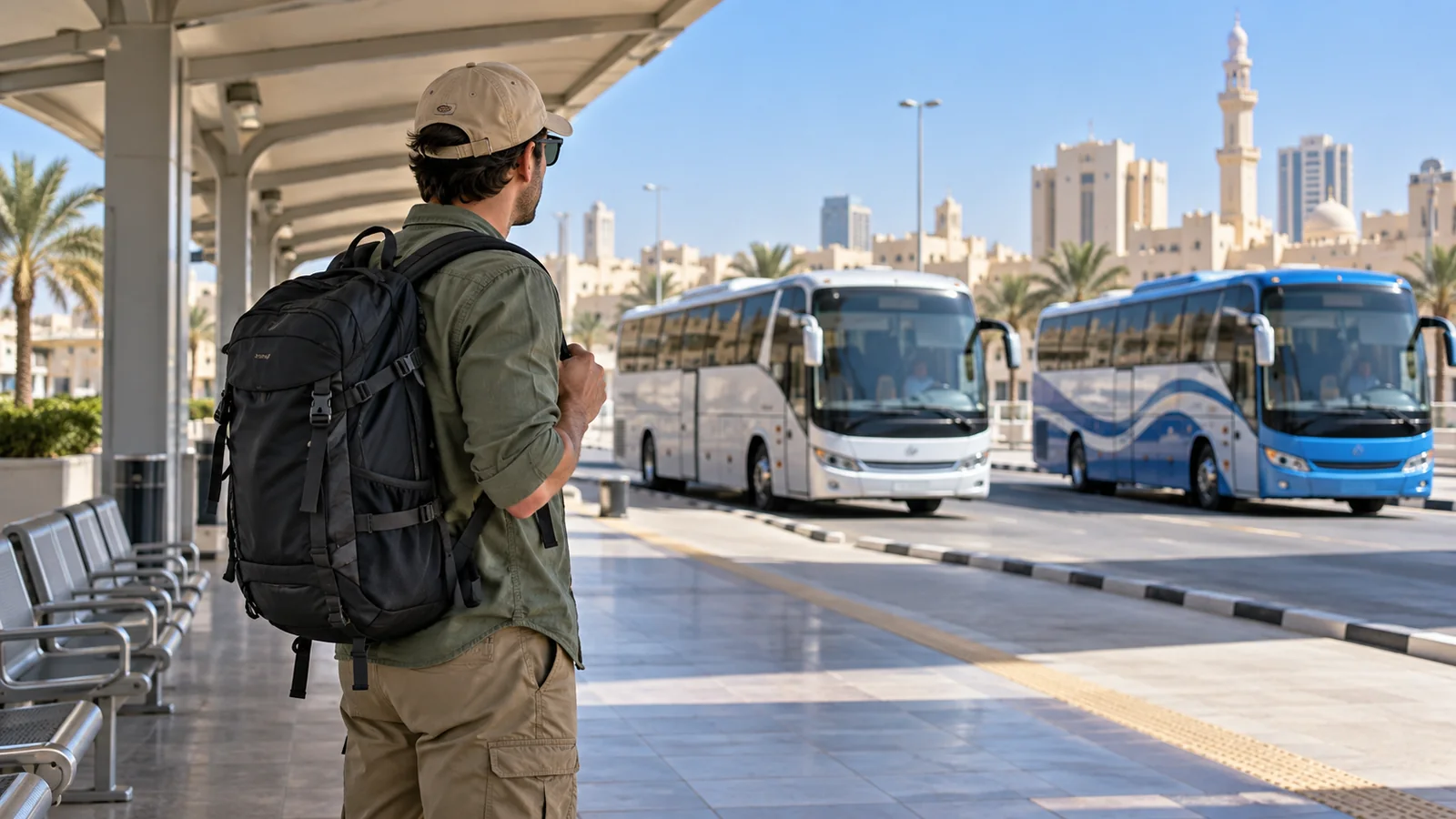 Illustration of a traveller at a shaded intercity bus platform