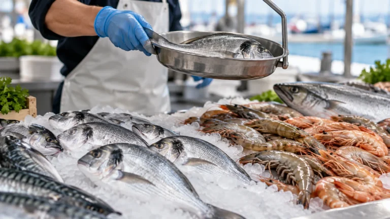 Illustration of fish and prawns on ice at a seafood counter