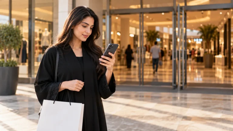 Illustration of a shopper checking directions at a mall entrance