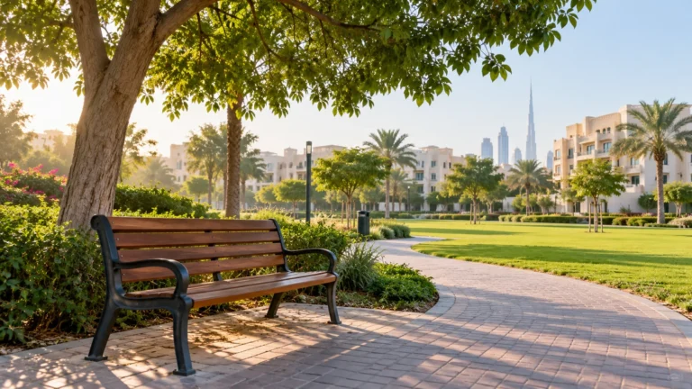Illustration of a shaded bench beside a neighbourhood park path