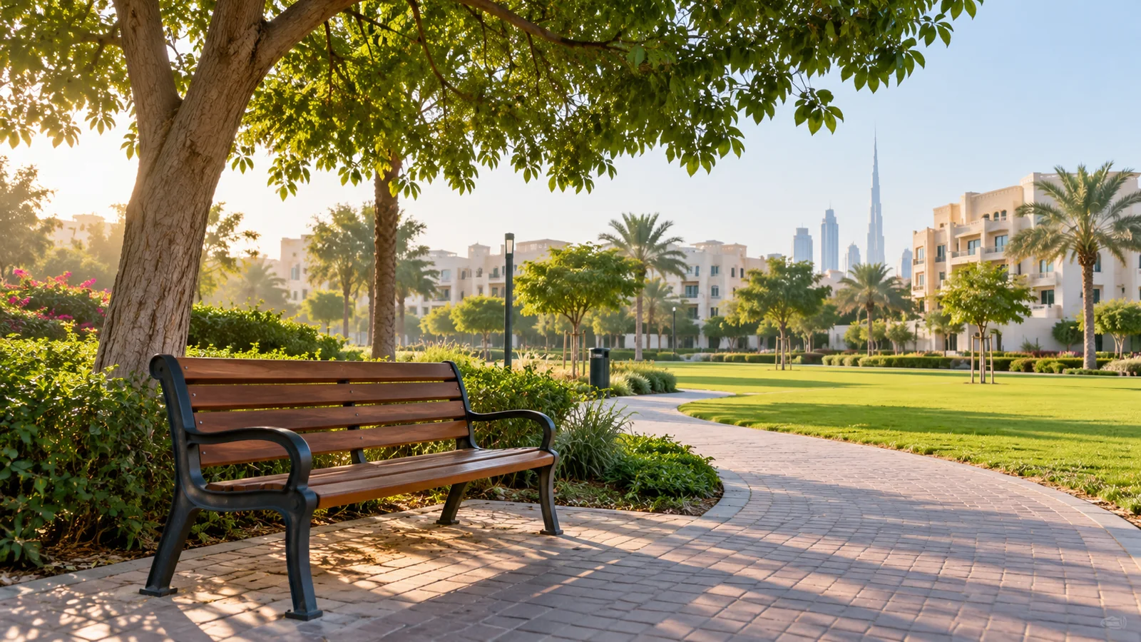 Illustration of a shaded bench beside a neighbourhood park path