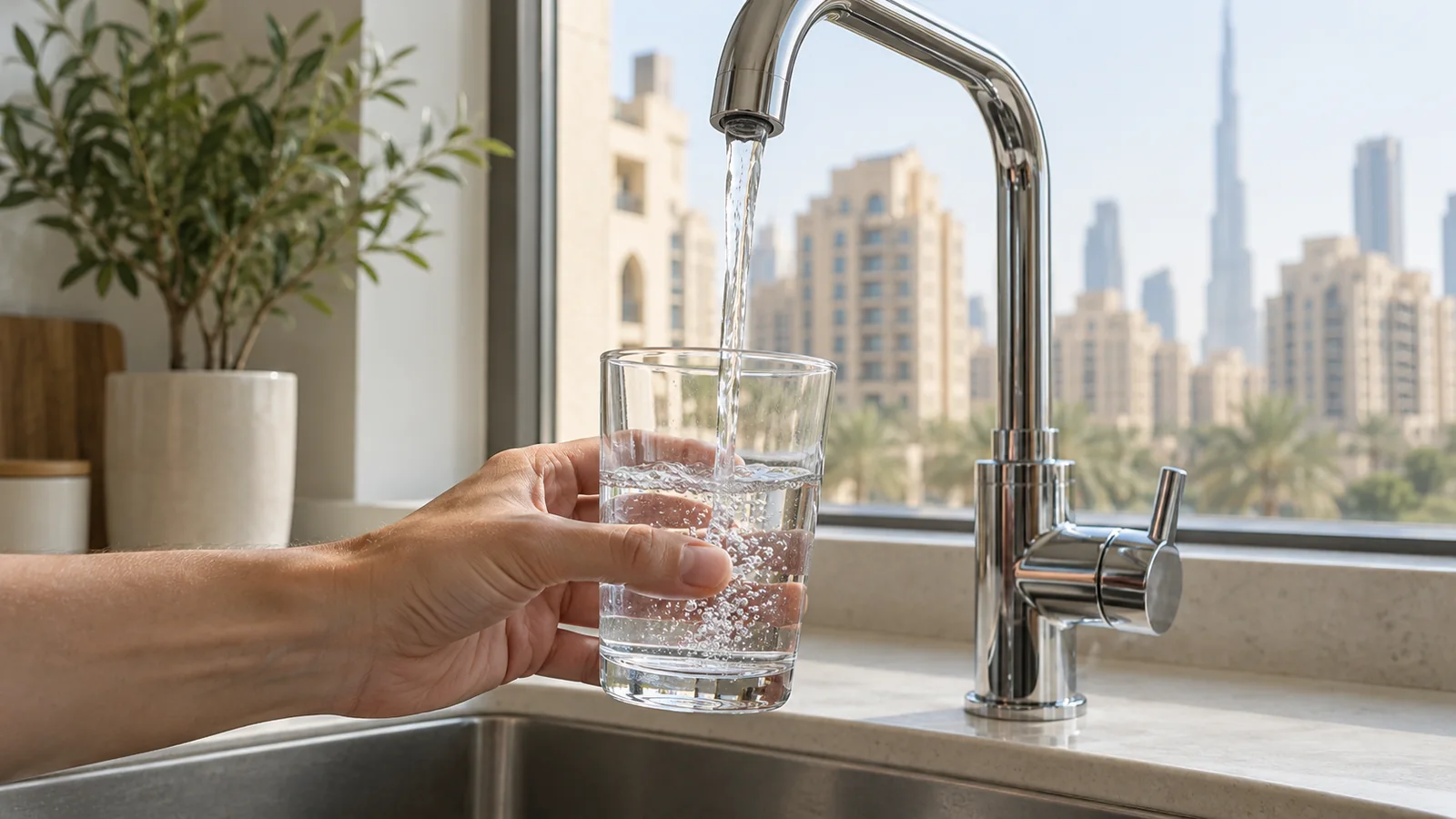 Illustration of a kitchen tap filling a clear drinking glass