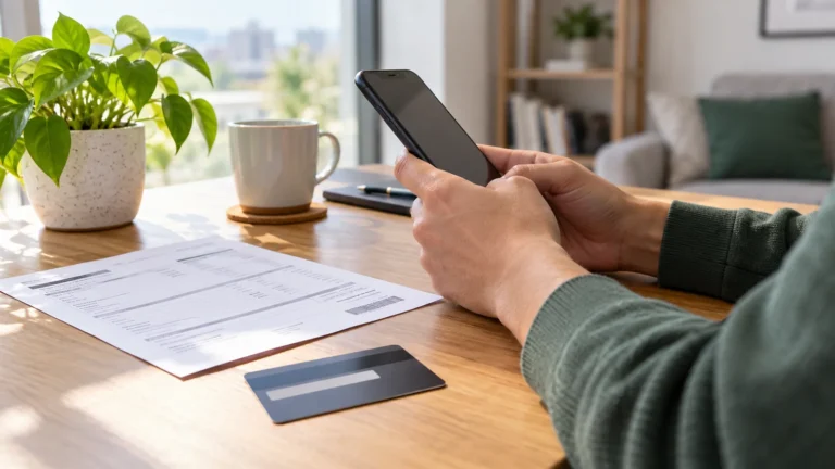 Illustration of a phone and bill prepared for mobile payment