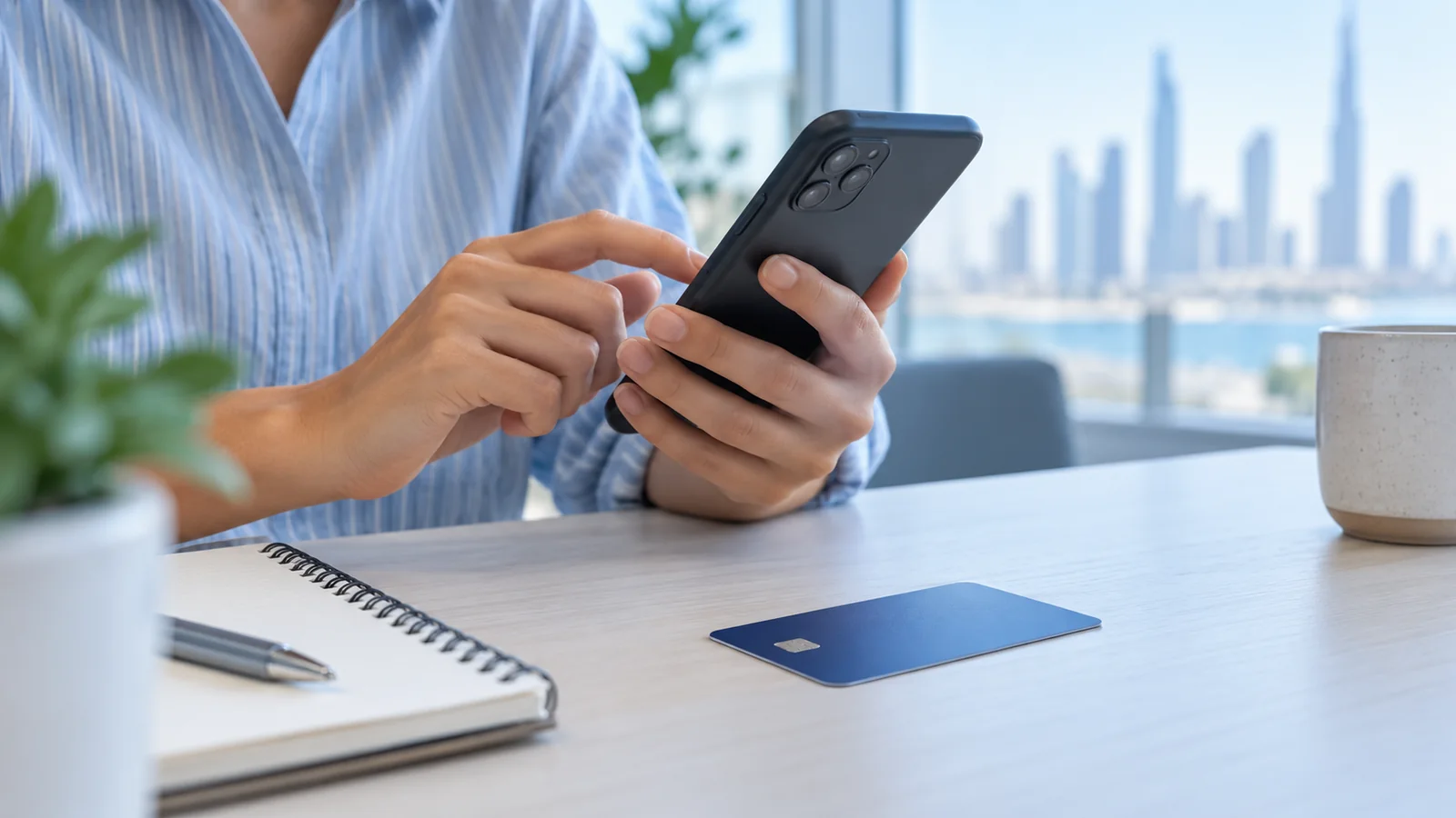 Illustration of checking a bank account using a phone and card