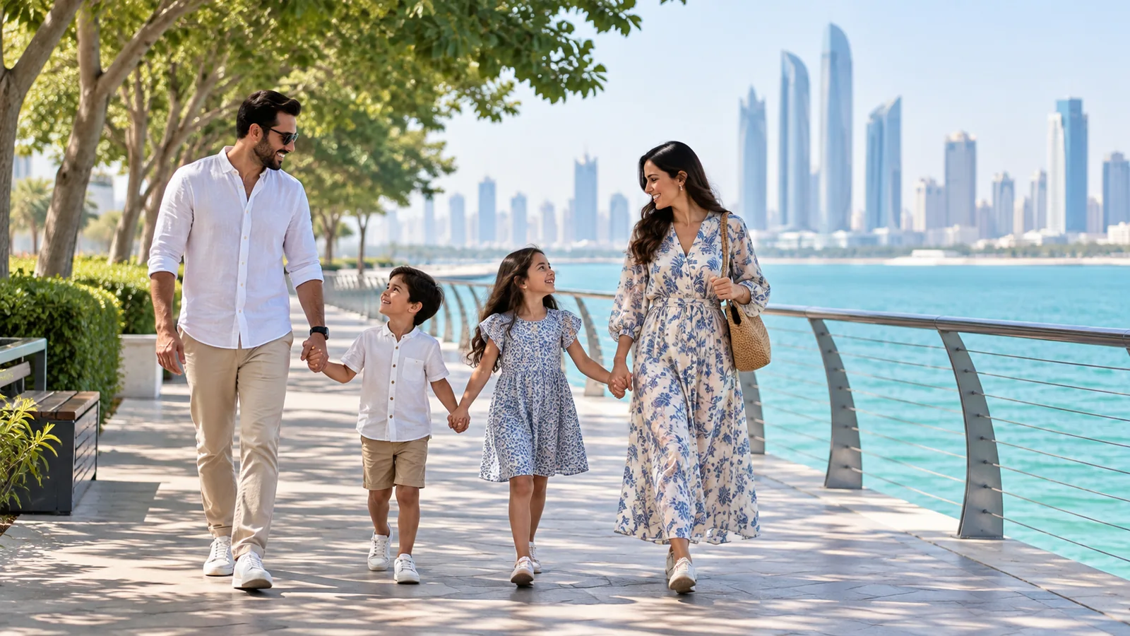 Illustration of a family enjoying an Abu Dhabi waterfront walk