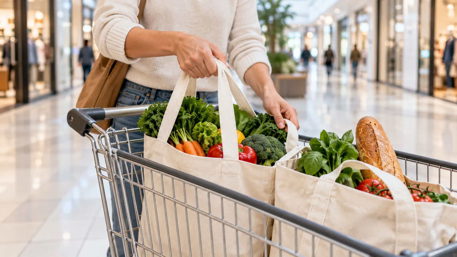 Illustration of grocery bags and a trolley at a shopping centre