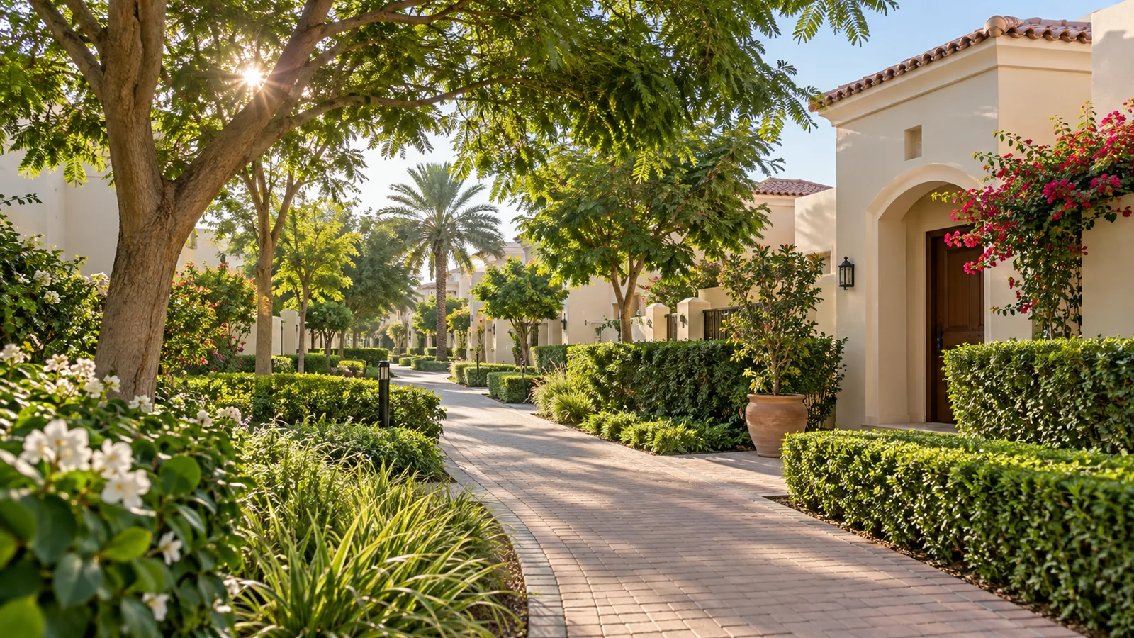 Illustration of a landscaped villa community and shaded path