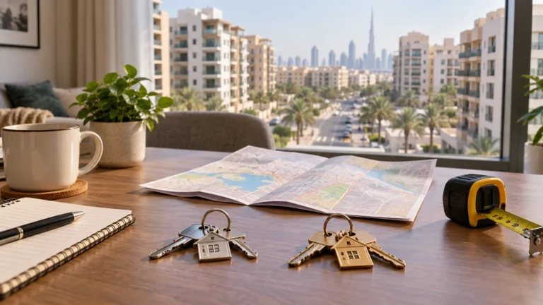 Illustration of apartment keys and a route map for comparing homes