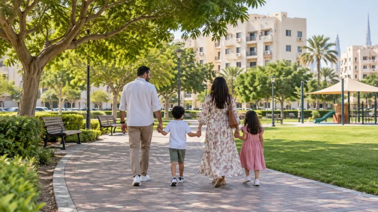 Illustration of a family walking through a Dubai neighbourhood park