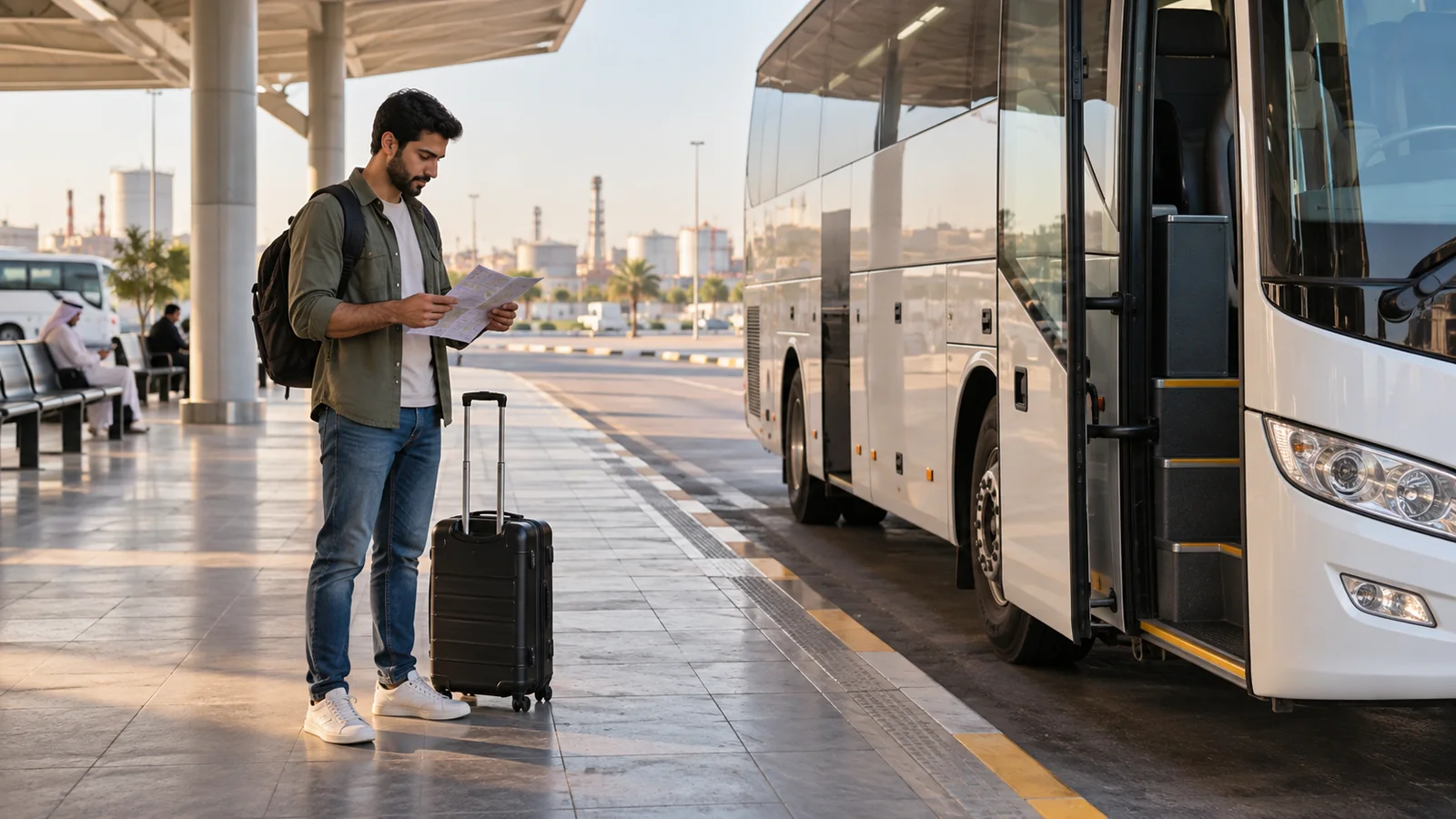 Illustration of a traveller preparing to board an intercity coach