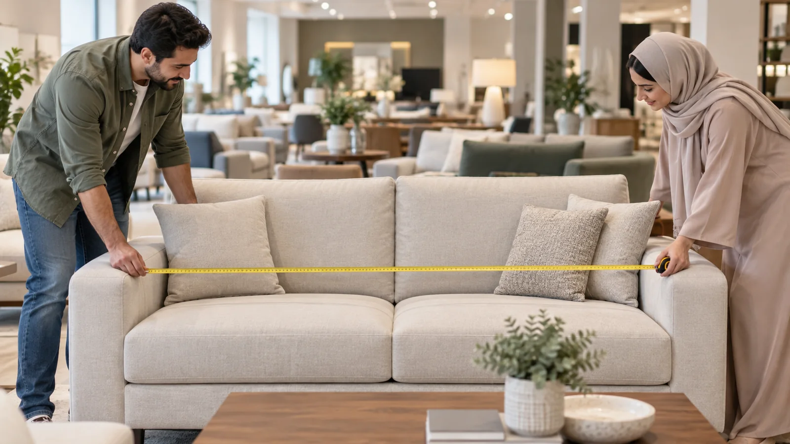 Illustration of measuring a sofa in a furniture showroom