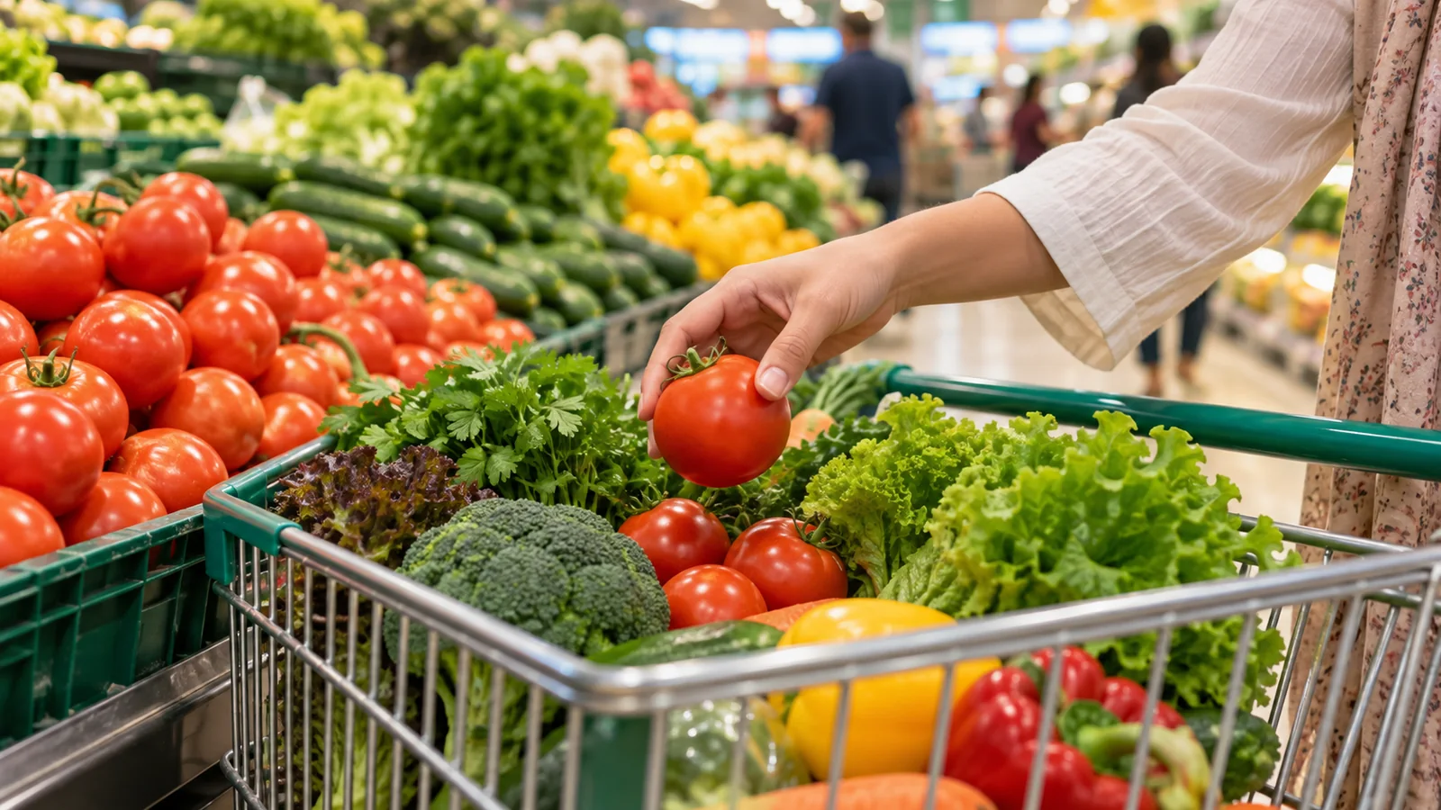 Illustration of shopping for fresh vegetables with a grocery trolley
