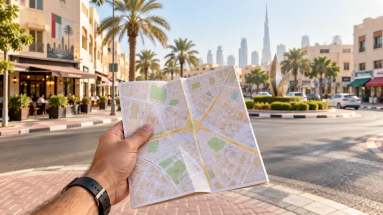 Illustration of planning a route through a Dubai neighbourhood