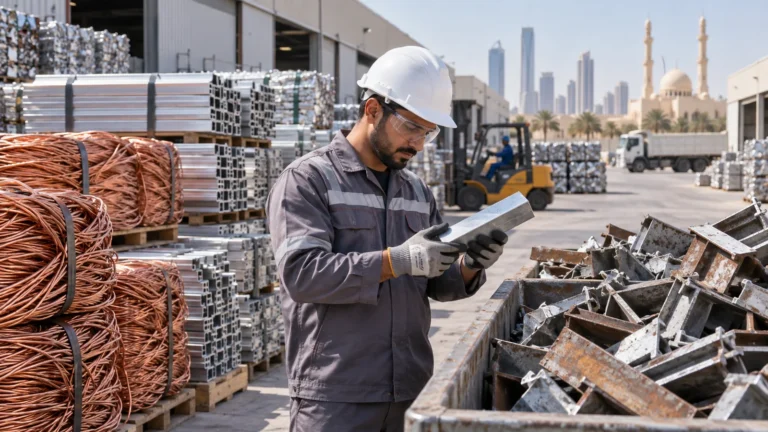 Illustration of a worker inspecting sorted scrap metal at an industrial yard
