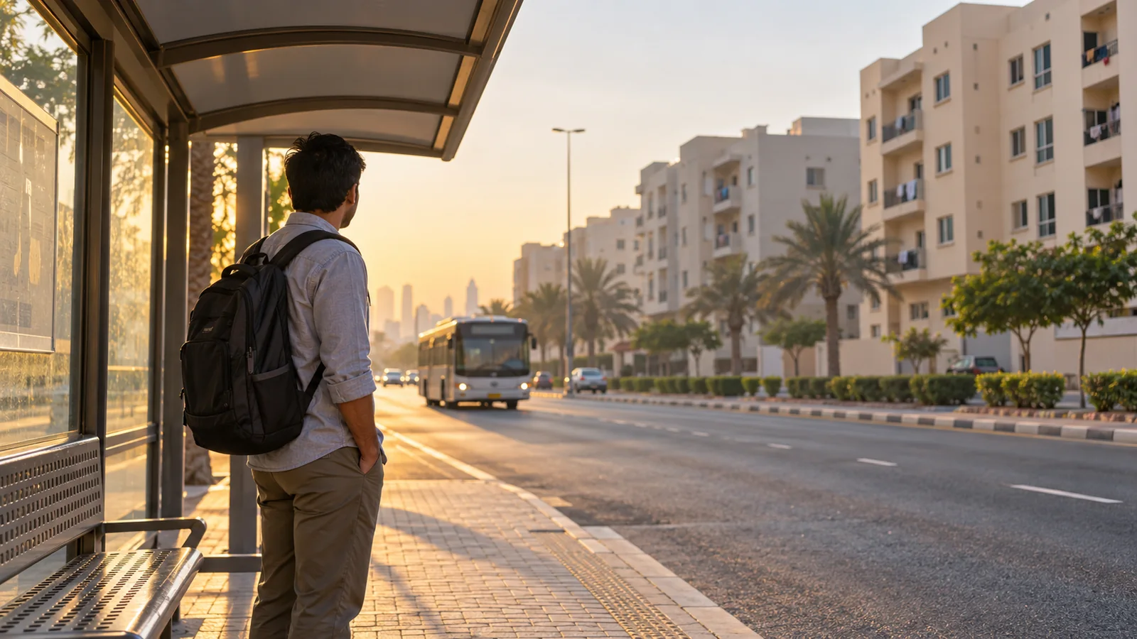 Illustration of a commuter waiting near residential accommodation