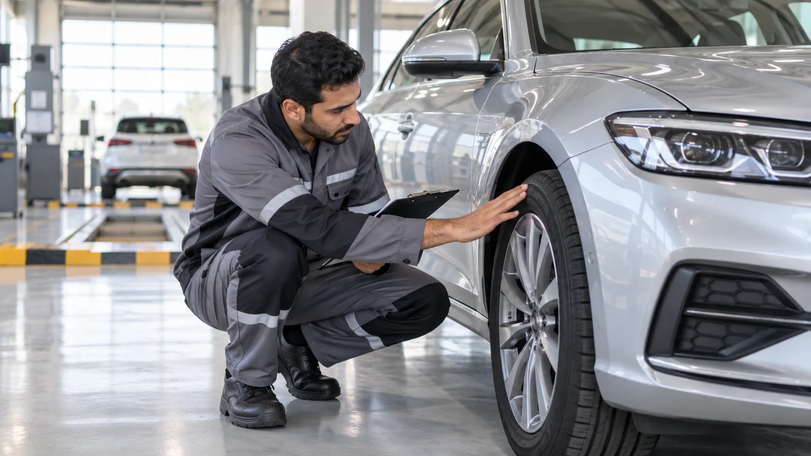 Illustration of a technician checking a car wheel in an inspection bay