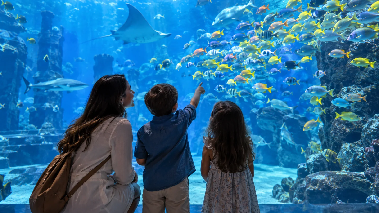 Illustration of children watching fish during a family aquarium visit
