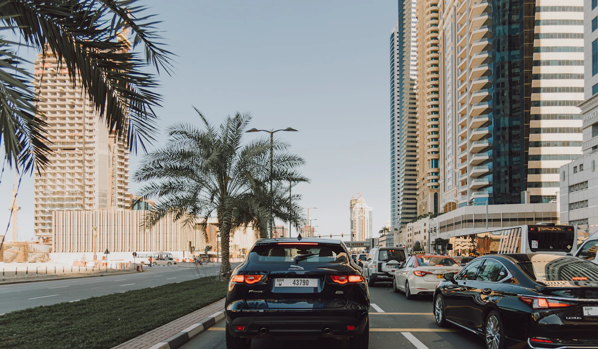 Cars on a street in Dubai Marina
